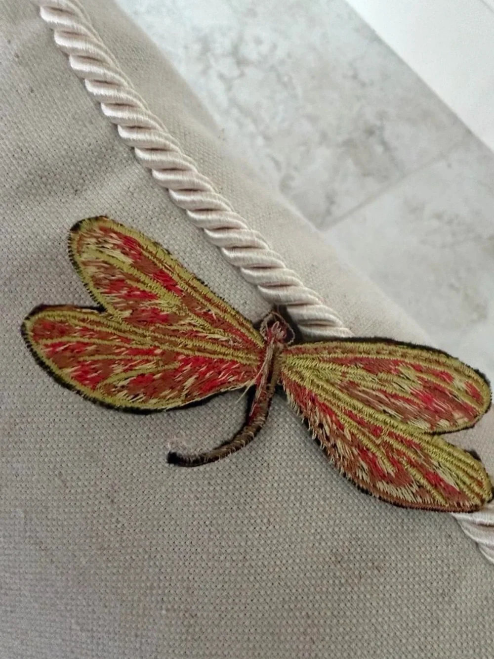 Embroidered Austin Horn Classics Dragonfly Botanical Accent Pillow Cream